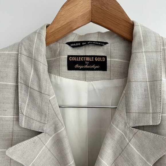 Vintage Linen Blend Jacket Women 6 Plaid Neutral Minimalist Old Money Equestrian - Picture 9 of 12